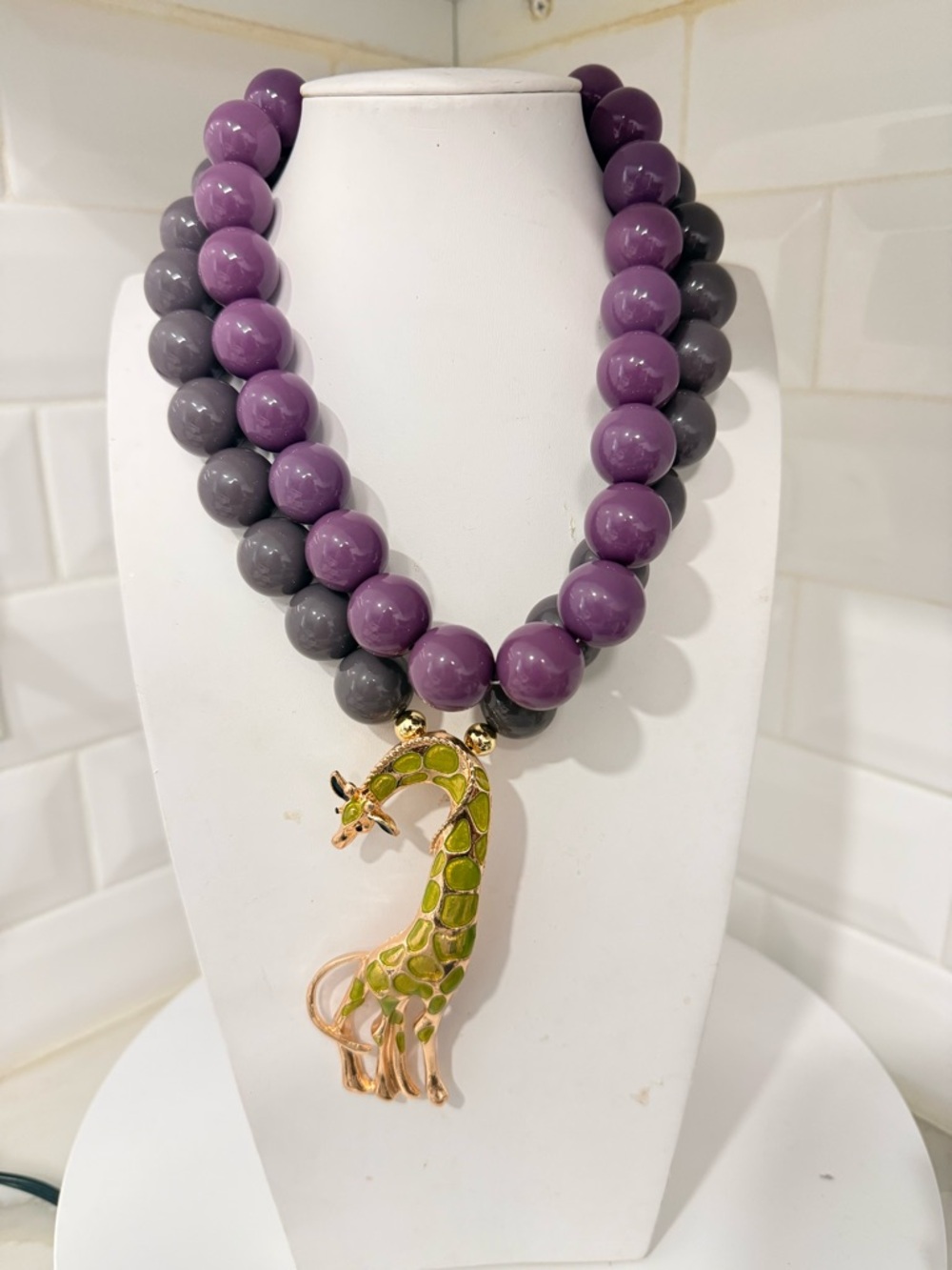 Lavender & Gray Beaded Necklace with Green Giraffe Pendant